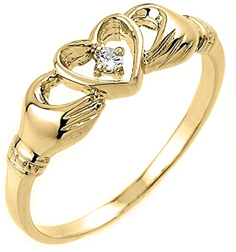 10k Yellow Gold Diamond Accent Solitaire Open Heart Claddagh Ring (J-K Color, I1-I2 Clarity)- Size 6