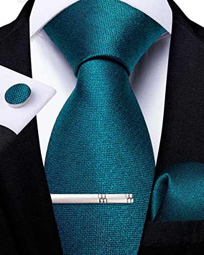 DiBanGu Teal Tie Men's Silk Necktie Pocket Square Cufflink Set Wedding Prom Party
