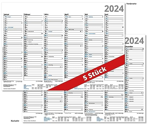 5er Pack Tafelkalender 2026, Halbjahreskalender 6 Monate auf Vor- und Rückseite, DIN A4, Format 21 x 29,7 cm, stabile Ausführung 250 g/m², Sonn- und Feiertage in Blau