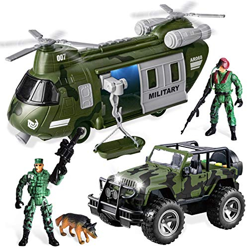 JOYIN Véhicules Militaires Hélicoptère de Transport Alimenté par Friction et Ensemble de Jouets de Camion Militaire avec Sirène Lumineuse et Sonore et Figurines de Soldat Homme de l'Armée