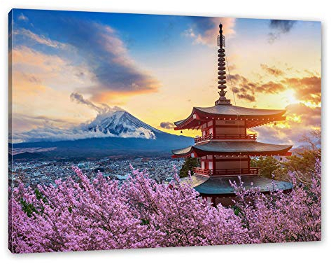 Pixxprint Japanischer Tempel zwischen Kirschblüten, Größe: 120x80cm, Leinwandbild, fertig gespannt, Wandbild, Dekoration, Kunstdruck, kein Poster