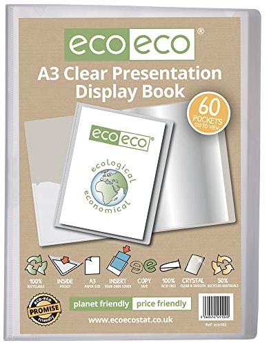 eco-eco Eco102 Präsentationsmappe, A3-Format, 50% recycelt, 60 Hüllen, transparent, Präsentationsmappe mit Kunststoffhüllen