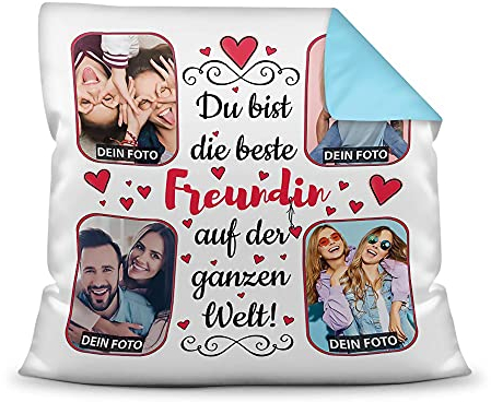 Kissen mit Füllung zum selbst Gestalten mit 4 Fotos - Für die Beste Freundin - Hochwertige Kissenhülle mit Reißverschluss, Rückseite Hellblau, 40 x 40 cm