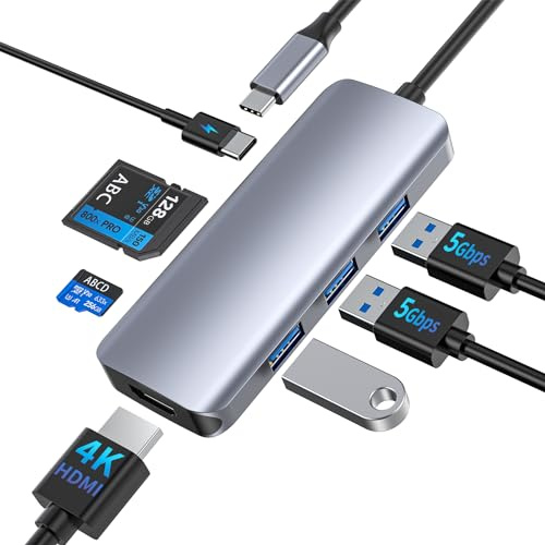 USB C Hub, 7 in 1 USB C Adapter mit 4K@30Hz HDMI, 100W USBC Power Delivery, 3 USB 3.0 5Gbps, SD/TF Karten Reader, für Mac Pro, iMac, iPad Pro/Air, Chromebook, Dell XPS, Samsung und mehr Typ C Geräte