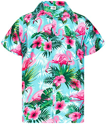 King Kameha Funky Hawaii-Hemd, Kurzarm, Flamingo-Flowers, Türkis-Pink, XXL