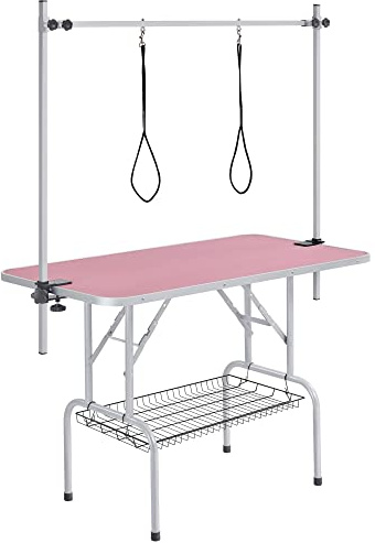 costoffs Foldable Pet Grooming Table Cat Dog Beauty Table for Pet Store/Home w/Storage Basket/Loop Noose/Adjustable Arm, Pink