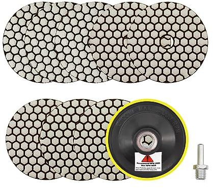 Dry Diamond Polishing Pads 4/100mm - 8pcs Grit 50x3/100x3/200x2 Polish Pad Kit with M14 Backer Pad +Adapter for Granite Marble Artificial Stone Quartz for Angle Grinder SANLEETEK
