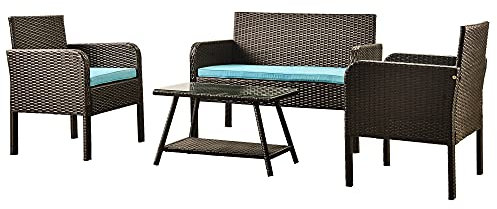 ZYMEN 4 Pcs Patio Furniture Set Outdoor Rattan Sofa Seating Group Include 1 Sofa 2 Chair 1 Coffee Table Beige/Blue Cushions (Color : D) Commemoration Day