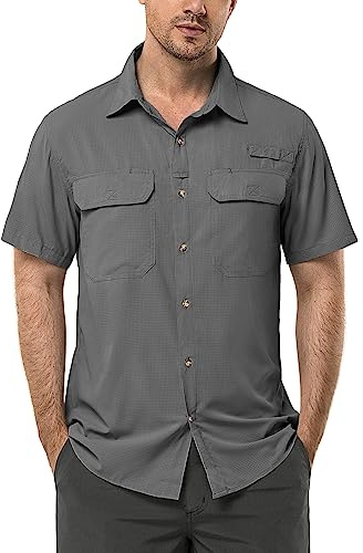 33,000ft UPF50+ camicia da uomo a maniche corte, protezione UV ad asciugatura rapida, camicia per il tempo libero, camicia funzionale per pesca, safari, viaggi, golf, grigio, 3XL