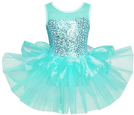 RUNQHUI Kids Girls Sleeveless Sparkle Sequins Ballet Dance Dress Tutu Skirted Leotard Gymnastics Skating Dress Green 5-6 Years