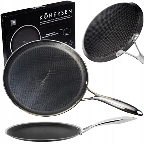 Kohersen Hybrid Pfannkuchenpfanne - Pfanne 29 cm - Pancake Pfanne Spülmaschinenfest, Backofengeeignet - Edestahl und Aluminium - Black Cube Antihaftbeschichtung - für Induktion, Gasherd, Elektroherd