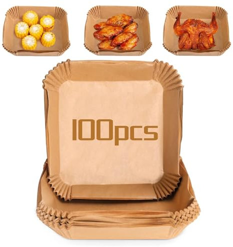 Backpapier für Heißluftfritteuse – 100 Stück Airfryer Backpapier, Wasserdicht, ölbeständig, Antihaftbeschichtet, Bleichmittelfrei für Die Mikrowelle, Airfryer Zubehör (16 * 20 * 4.5)
