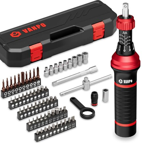 VANPO Destornillador Dinamométrico, 1-6Nm, 0.1Nm Juego de Brocas de Destornillador Dinamométrico, 1/4 Llave Dinamométrica con Mango en T, Puntas Planas, Hexagonales, Torx y Phillips para Bicicletas