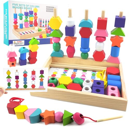 Guopai Juguetes Montessori de Madera 3 en 1 - Clasificación, Apilamiento y Enhebrado - Juego Educativo para Niños 2 3 4 Años con Tarjetas y Caja de Almacenamiento (A)