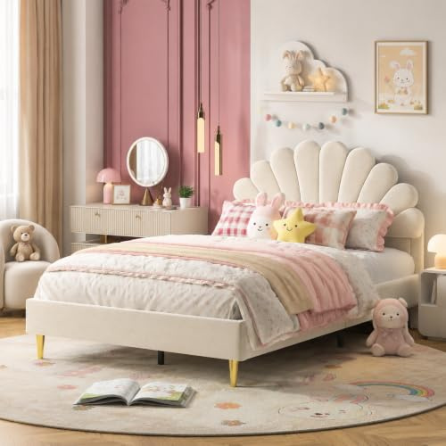 Vadderad säng 140 x 200 för barn, dubbelsäng med sammet 140 x 200, barnsängar med kronbladsformad sänggavel, sängbotten med träribbor, säng för tonåringar (beige-1, 140 x 200 cm)