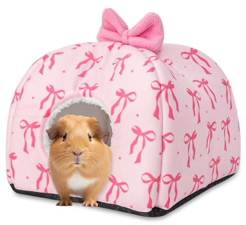 JarThenaAMCS Washable Guinea Pig House Bed Pink Bow Bunny Hideout Cage Accessories Reusable Hideaway for Ferret Hedgehog Small Animal, 9.5 x 9.5 x 8 Inch