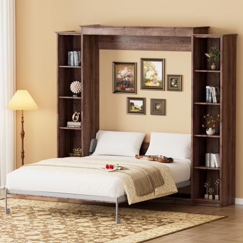 BEQAI Queen Murphy Bed with Storage Bookcase & 4 Adjustable Shelves,Foldable Space-Saving Queen Wood Wall Bedframe with Metal Legs,Hidden Bedframe for Guest Room,Study,Home,Office,Bedroom,Walnut Color