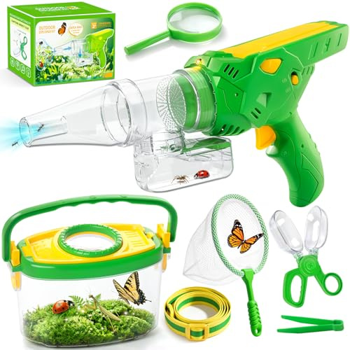 SOLIEHOO Atrapador de insectos para niños de 3 a 12 años, kit de liberación de insectos al vacío, lupa, recolector de insectos, red de mariposa, pinzas para atrapar insectos, juguetes exploradores