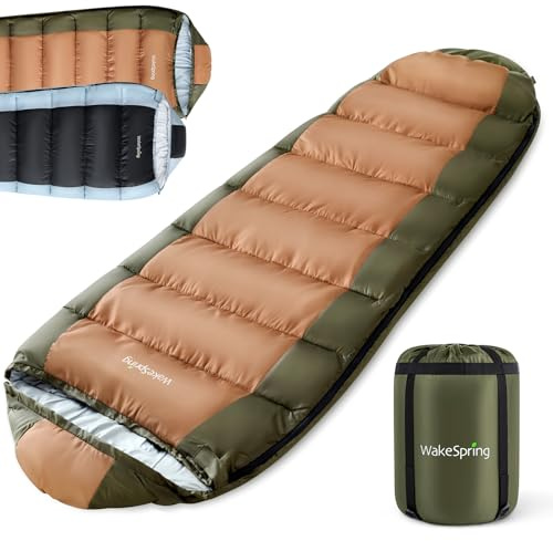 WakeSpring Saco de Dormir Momia 3 Estaciones, Fibra Hueca 450 gsm | Diseño Ergonómico Envolvente, Relleno 450 GSM, Capucha Ajustable, Zona Pies 3D, Ideal para Camping y Trekking