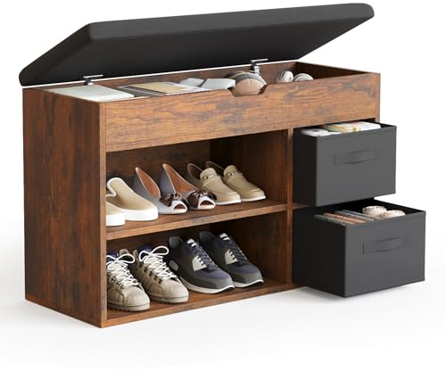 Mondeer Shoe Storage Bench with Seat, Folding Padded Seat, Rustic Brown