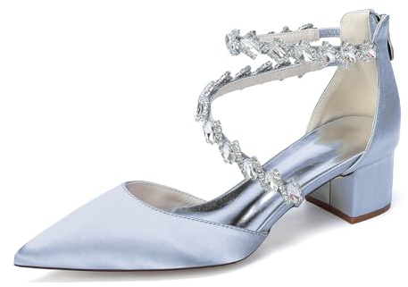 Generico Scarpe da Sposa in Raso con Tacco Blocco per Donna, Decolleté a Punta Stretta con Doppia Cinturino di Strass e Zip,Argento,42 EU