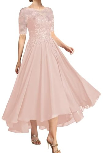 Te längd chiffong brudens mor klänningar för kvinnor båthals formell aftonklänning spets applikation bröllop gästklänning, Rosa rouge, 50 SE/Plus