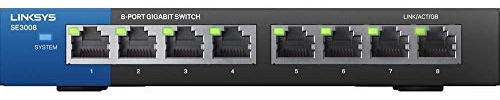 Linksys SE3008: 8-Port Gigabit Ethernet Unmanaged Switch, Computer Network, Auto-Sensing Ports Maximize Data Flow for up to 1,000 Mbps (Black, Blue)
