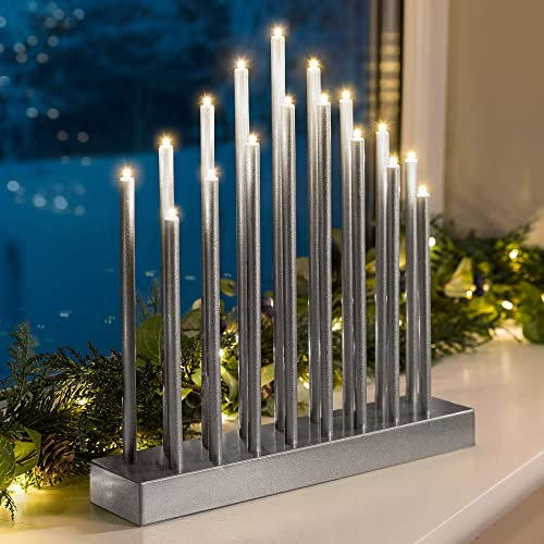 CHRISTOW Silver Candle Bridge Tower Christmas Decoration, Battery Operated with Timer, 17 Warm White LED Window Light