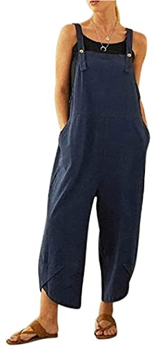 BRONG Salopette décontractée ample en coton doux et lin pour femme avec bretelles réglables et poches, bleu, XXL