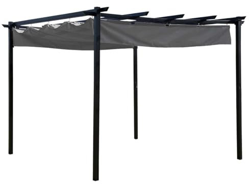 CHARLES BENTLEY 3Mx3M Outdoor Steel Pergola Style Gazebo, Modern, Garden, Patio, Grey, Canopy, Shower Resistant, Retractable Roof, Marquee, Polyester, For, Parties, BBQs, Easy Assembly (300x300x225cm)