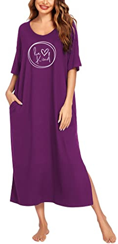 Ekouaer Long Nightgown for Women Short Sleeve Sleepwear Plus Size Loungewear with Pockets Wineberry Heart XXXL