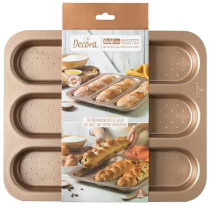 Decora, 0070105 Stampo Gold Line Baguette, 3 Cavità da 34,3 x 7,8 x 3 cm, Ideale per preparazioni dolci e salate, In Robusto Metallo Antiaderente