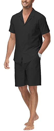 YAOHUOLE Beach Shirts For Men Linen Suits Summer Outfits For Men Mens Two Piece Outfits Sets Men's Vacation Clothes Black XL