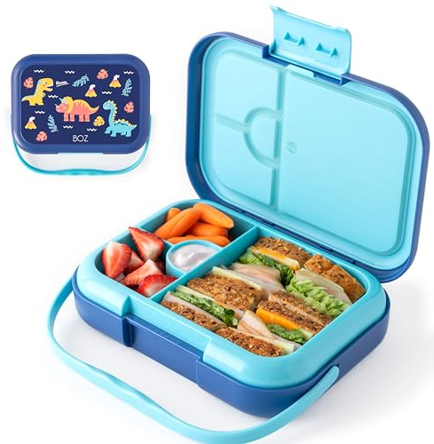 BOZ Boite A Gouter Bento pour Enfants – Lunch Box Isotherme pour la Garderie – Étanche avec 4 Compartiments – Passe au Lave-Vaisselle – Boite Bento Idéale pour les Repas Enfants (Dinosaure)