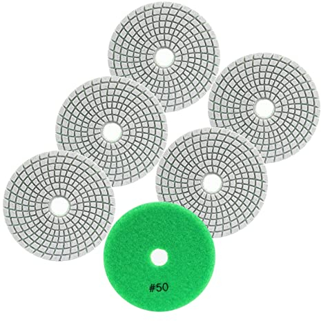 FOCSTOL Almohadilla de Pulido Diamante - 6 piezas 100mm Grano 50 Disco Diamante Pulir para Granito Mármol Piedra Artificial Cuarzo para Amoladora Angular