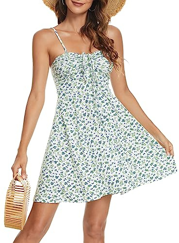 Missufe dam sommarklänning swing blommig klänning fritidsklänning spagettiremmar cami klänningar, Vit, L