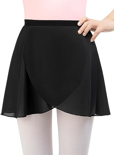 Monbessi Ballettrock Mädchen Damen - (Höhe: 120-175 cm) aus Chiffon Ballett Wickelrock Tanzrock - ReinschlüPfen (S, Schwarz)