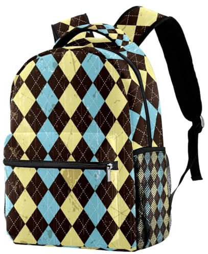 Grunge Rucksack mit Argyle-Muster, geometrisches Muster, lässiger Sport, Tagesrucksack, Reise, Schultasche mit mehreren Taschen, für Herren und Damen, mehrfarbig, 29.4x20x40cm/11.5x8x16 in