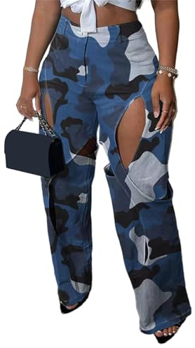 YOOTIKO Women Camo Cargo Pants High Waisted Hollow Straight Leg Pants