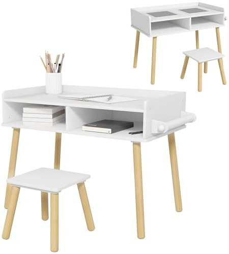 HOMCOM Set Tavolino per Bambini con Sgabello Abbinato, Banchetto Scuola con Superficie per Costruzioni, Piano Liscio e Rotolo di Carta, Bianco