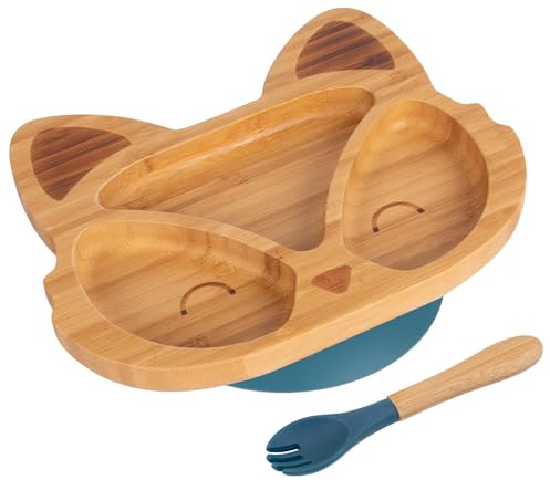 Tiny Dining 2pc Navy Blau Bambus-Fuchs-Baby-Entwöhnungsteller & Gabelsatz - Hölzern Geteilt Kleinkind Kinder Essen Fütterung Tablett - Silikon Saugnapf