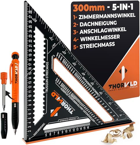 THORVALD 5 en 1 Escuadra Carpintero 300 mm + Lápiz de Obra – Multifunción: Trusquin/Transportador/Corte de Viga/Escuadra de Deslizamiento – Aluminio – Herramienta para Ganar Tiempo