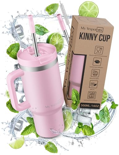 My Vesperbox Kinny Cup – Termisk stålkopp med handtag och sugrör (500/950/1200 ml) – Termisk To Go-kopp för kaffe, is och dagligt bruk – utan BPA, läckagefri, diskmaskinställd