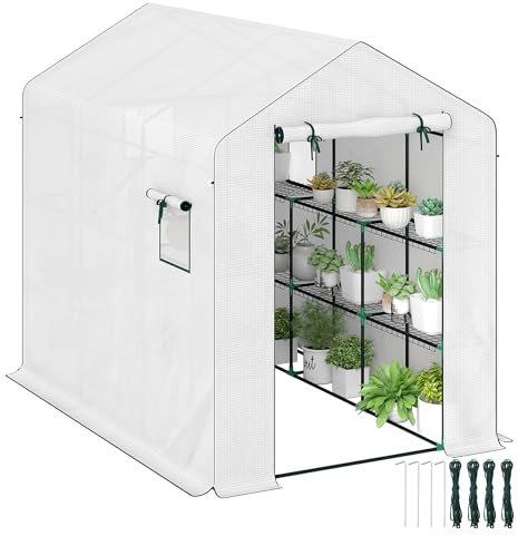 Outsunny Serre de Jardin PE avec étagères 3 Niveaux, Serre d'extérieur avec bâche renforcée Vert 135 g/m² Anti-UV, châssis en Acier, Portes zippées enroulables et fenêtres en Maille, Blanc
