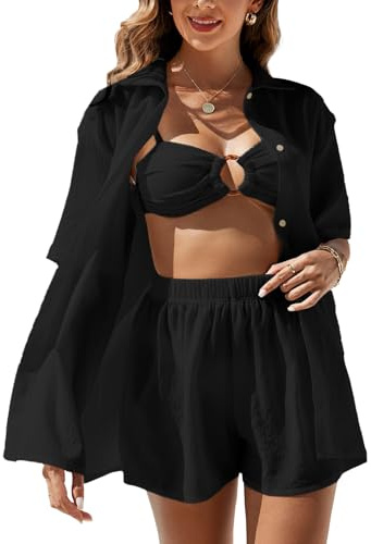 Rayson damoutfit 2 delar sommar fritid kortärmad button down skjorta och hög midja korta byxor strandkläder, svart, S