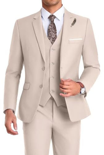 Mrbuerly Men Suit 3 Pieces Slim Fit, Groomsmen Business Jacket Vest Pant with Tie 2 Buttons Prom Tuxedo Xs/3630, Light Champagne, 4XL