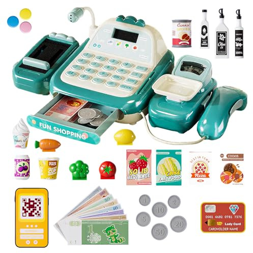 SGZIOO 52PCS Play Till Cash Register Children, Cash Register for Kids, Toy Till Cash Register With Scanner, Kids Till for Girls Boys Toddler Children 3 4 5 6 Years Old Supermarket Pretend Role Play