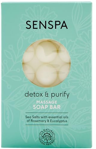 SenSpa Detox & Purify Massage Soap Bar – Natural Muscle Relief – Skin Smoothing – Sea Salt Exfoliation – Circulation Boost/Dual Sided Vegan Soap with Rosemary & Eucalyptus – 200g