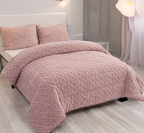 DH DREAMER HOME Edredón Borrego para Invierno 240x260cm de Cama 135/150 con 2 Funda Almohada - Edredón Sherpa Extra Suave, Cálido, Gruesa - Geométrica Rosa
