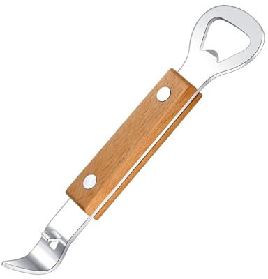 Perforadora de latas y abrebotellas 2 en 1, abrelatas manual de doble extremo, herramientas de cocina de acero inoxidable (mango de madera)